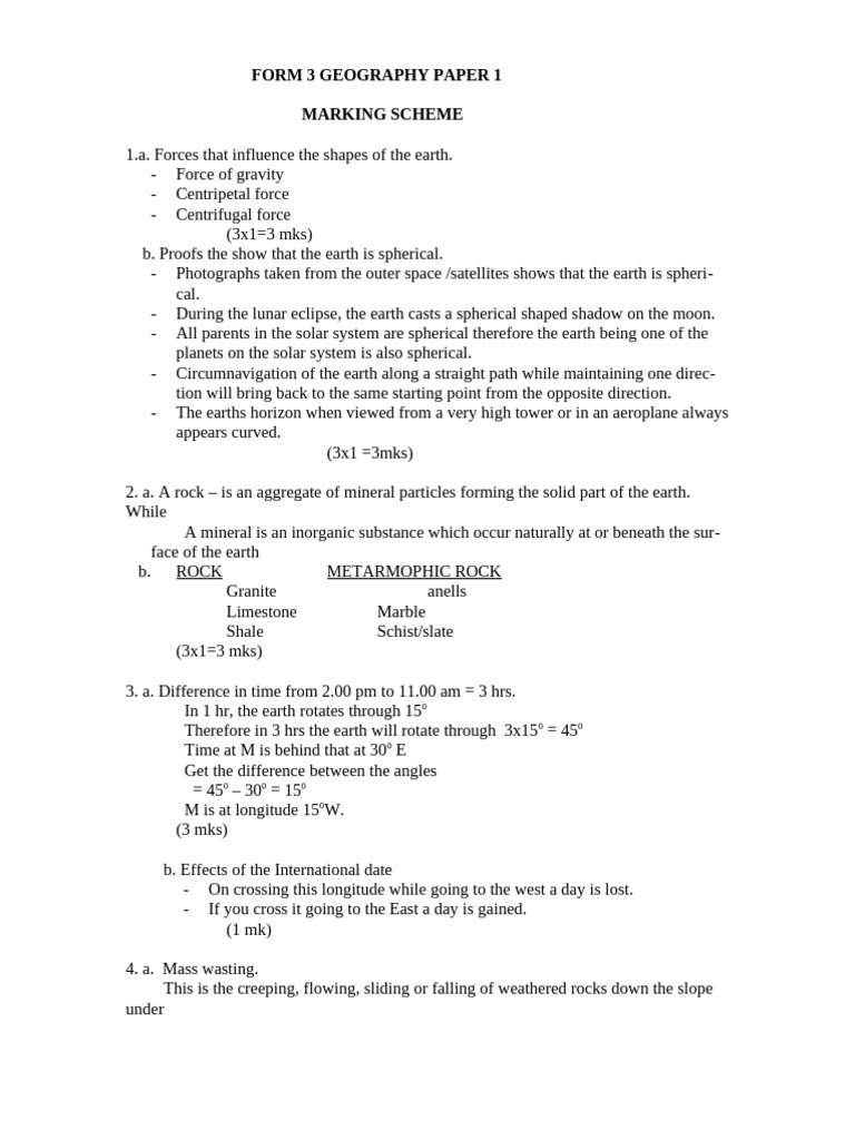 Geography Marking Scheme f3 p1 | PDF | Weathering | Volcano