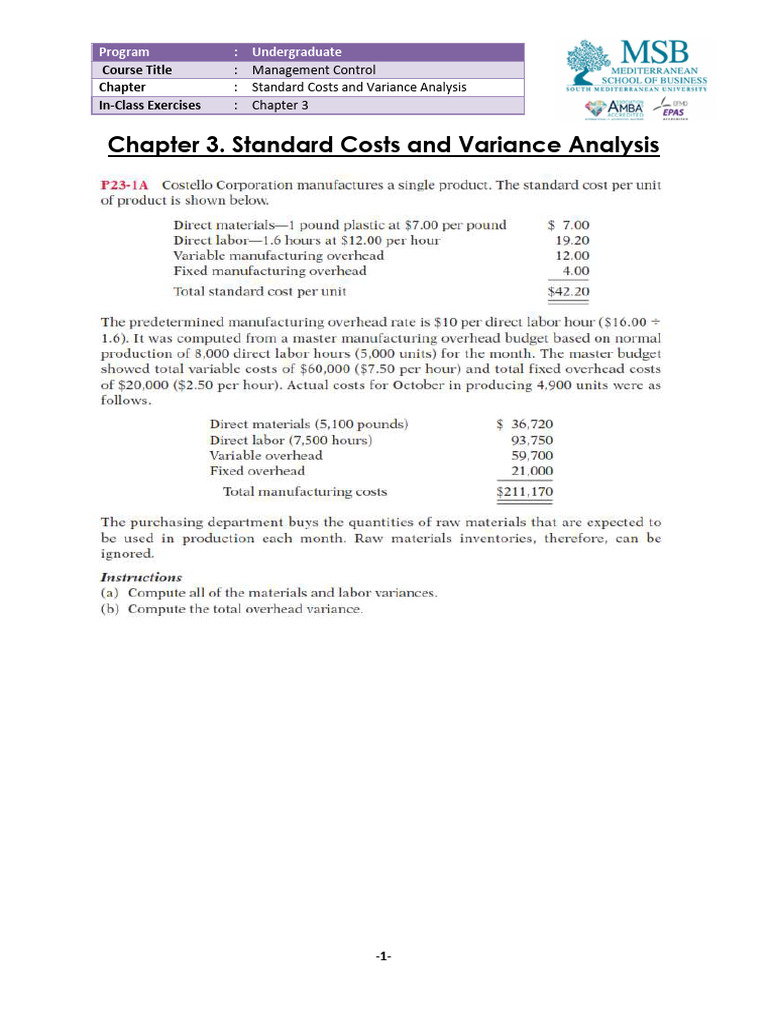 Standard Costs & Variance Analysis Exercises | PDF