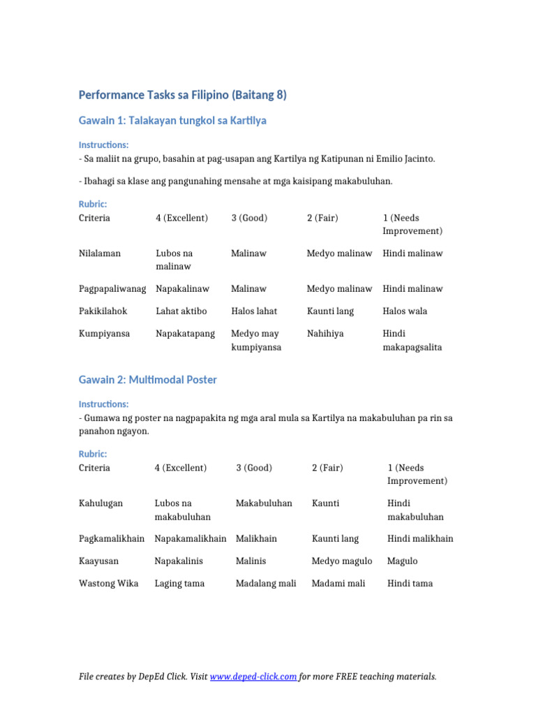 Performance Tasks Filipino Grade8 | PDF