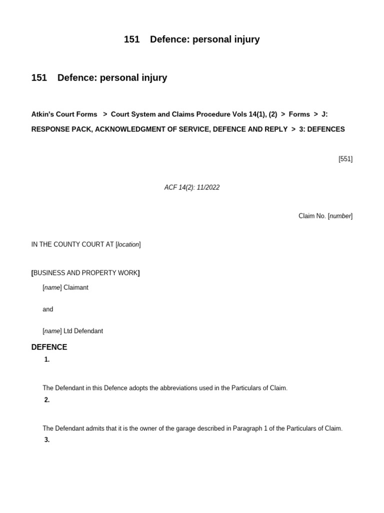 Personal Injury Defence Document | PDF | Negligence | Tort