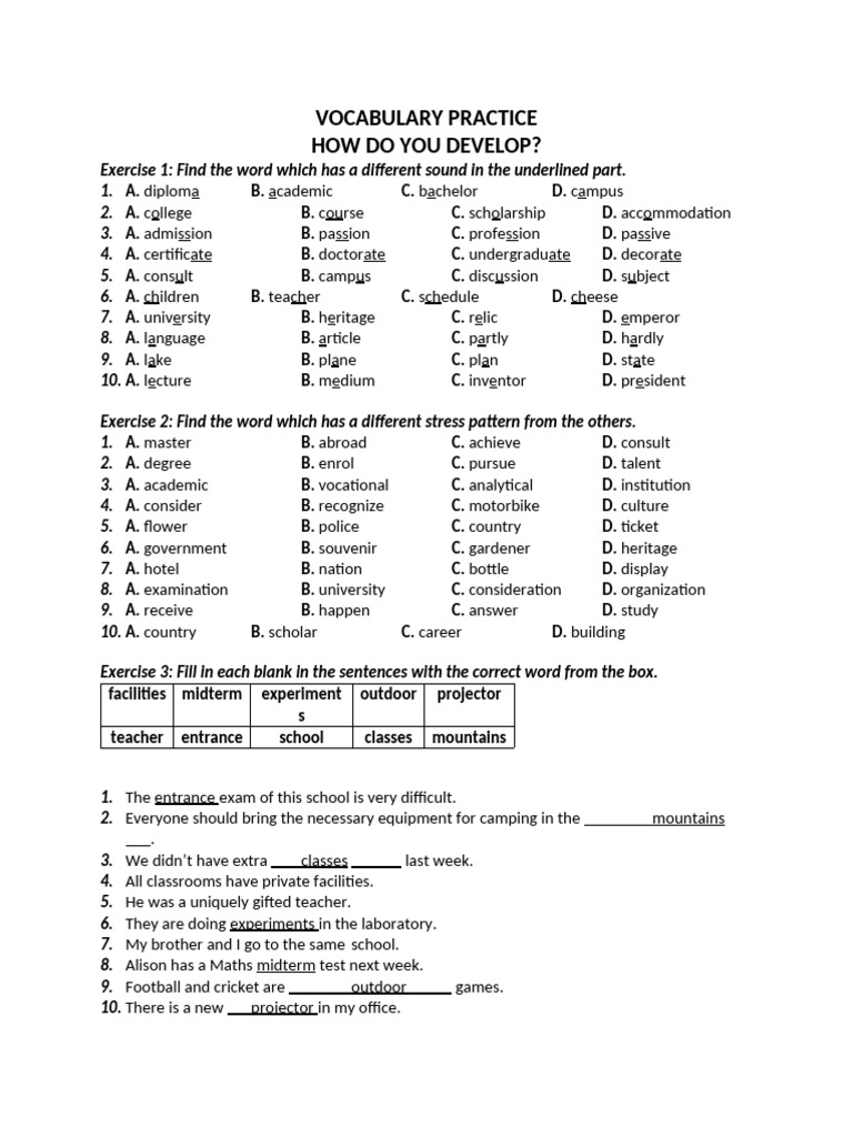 Vocabulary Practice for Academic Terms | PDF | Academic Degree ...