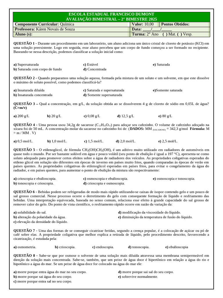 Questões de Química sobre Soluções e Propriedades Coligativas | PDF ...