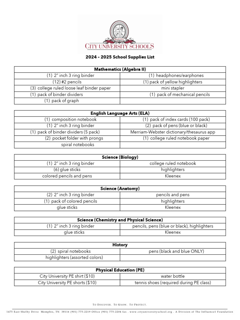 2024-2025 School Supplies List | PDF | Stationery