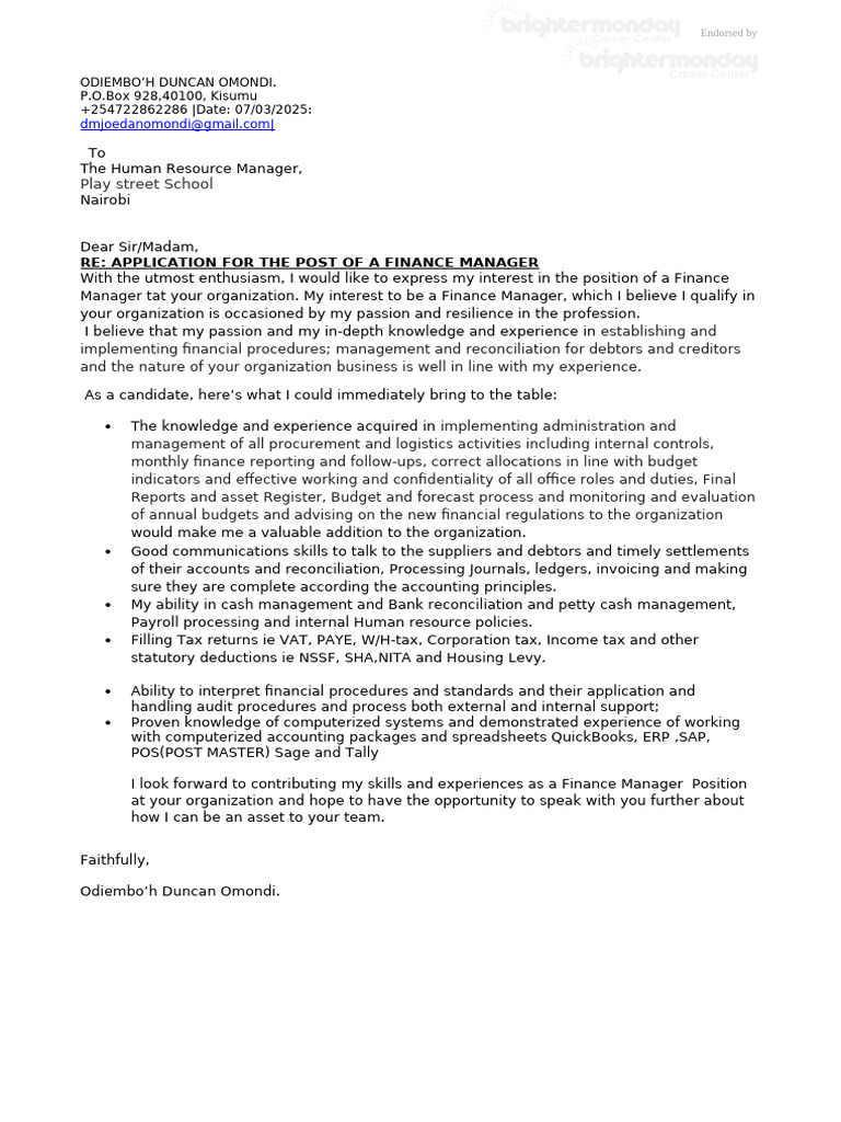 Finance Manager Application Letter | PDF | Taxes | Accounting