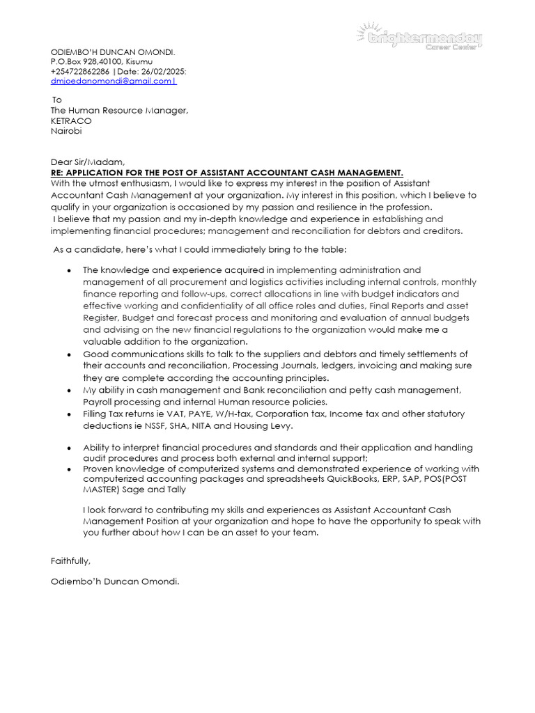 Assistant Accountant Application Letter | PDF | Taxes | Accounting