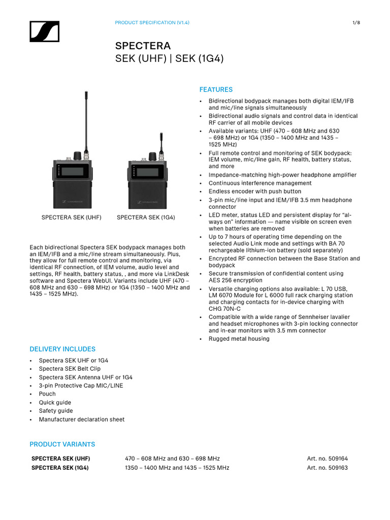 Spectera SEK Bodypack Specifications | PDF | Microphone | Radio