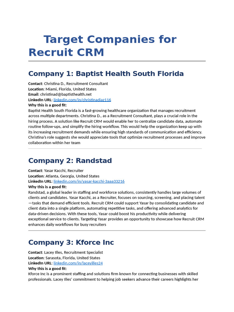 Target Companies for Recruit CRM | PDF | Recruitment | Customer ...