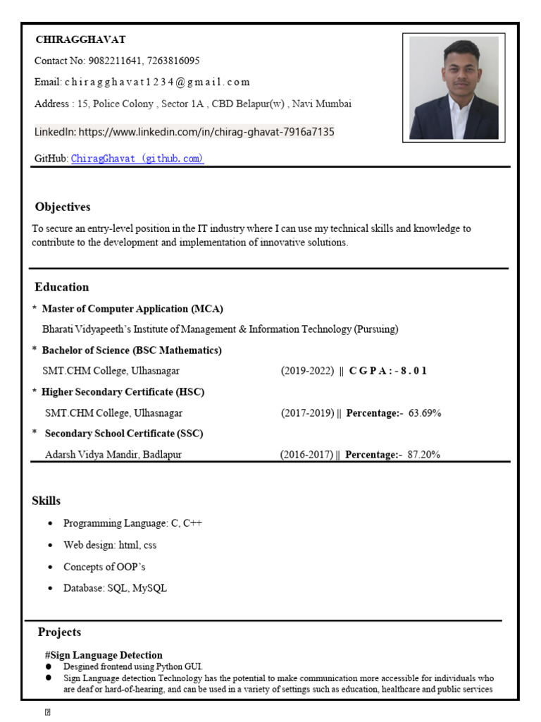 Chirag Ghavat CV | PDF | Databases | Computing