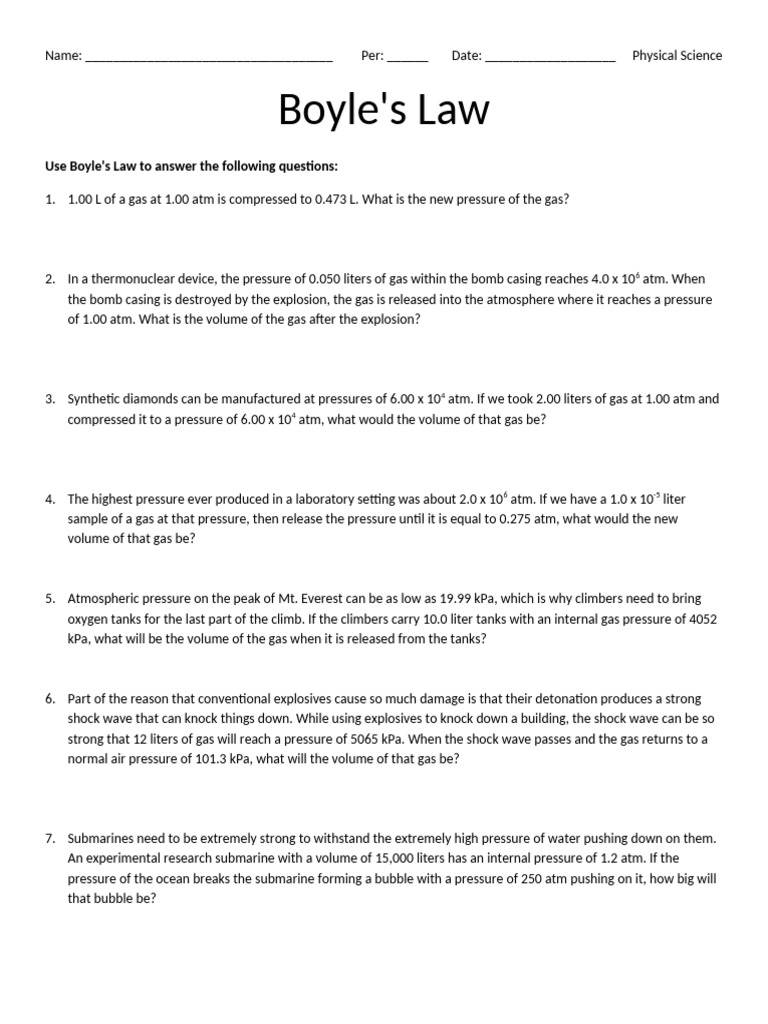 Boyle's and Charles' Law Worksheet PS 2022-2023 | PDF | Gases | Pressure