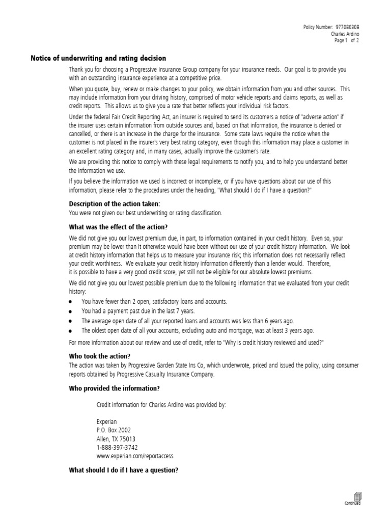 Notice of Underwriting Decision | PDF | Credit History | Insurance
