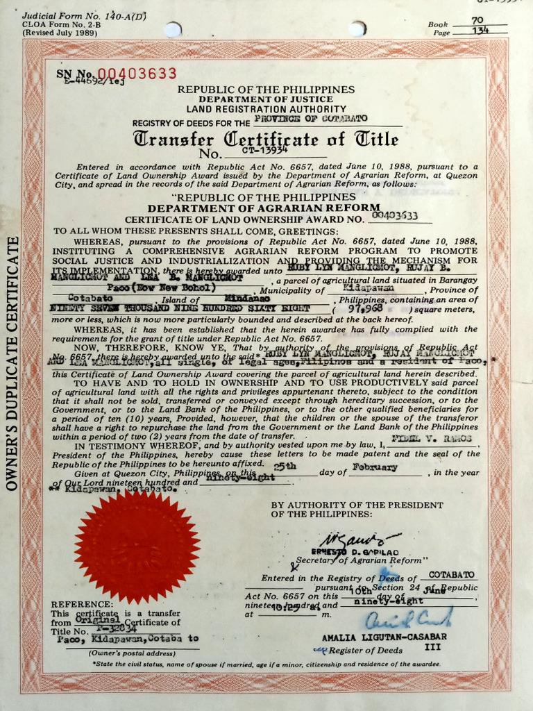 Owner's Duplicate Certificate of Title | PDF | Government Information ...