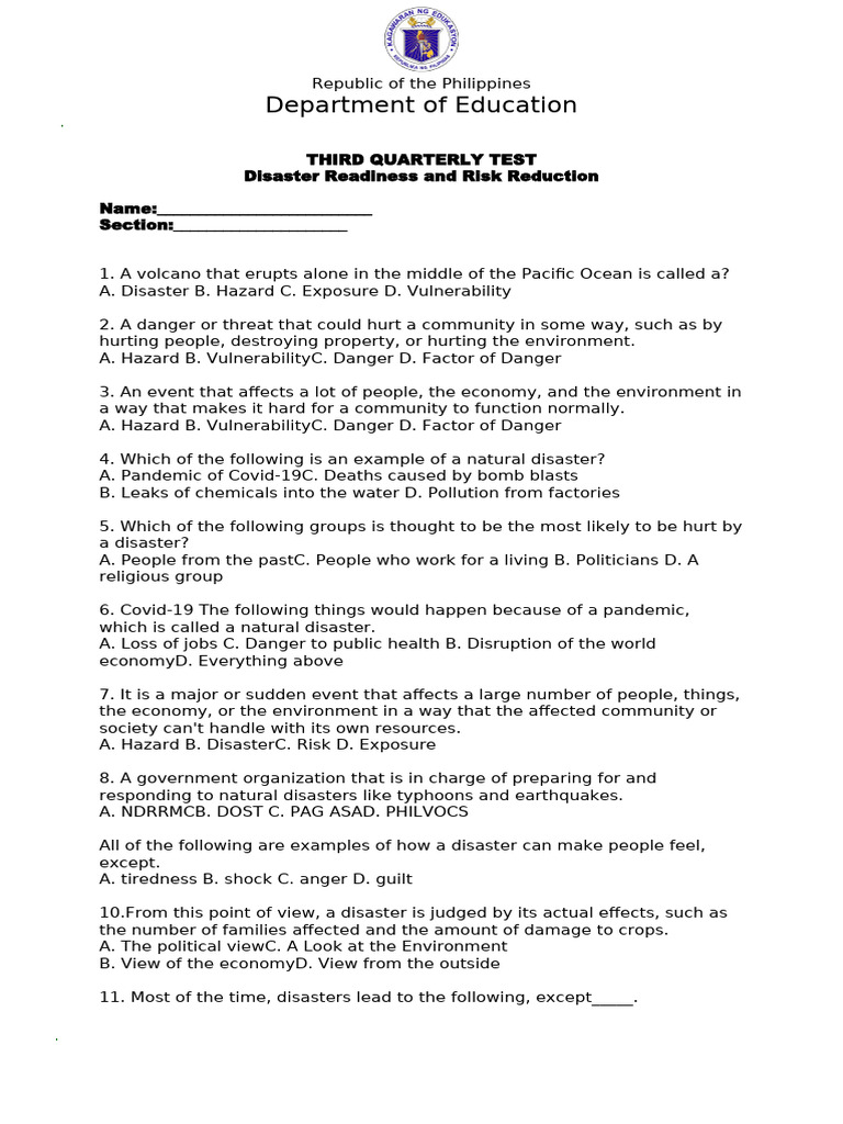 Philippines Disaster Readiness Test | PDF | Volcano | Natural Disasters