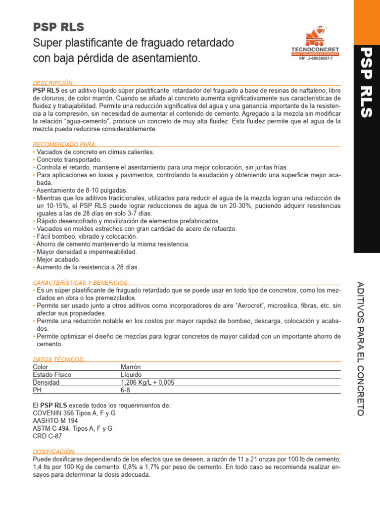 Super Plastificante PSP RLS para Concreto | PDF | Hormigón | Cemento