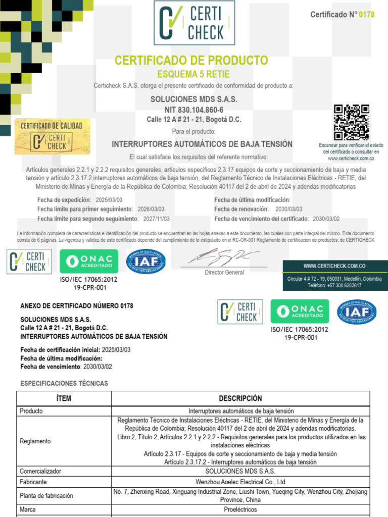Certificado Interruptores Automáticos RETIE | PDF | Cambiar | Electricidad