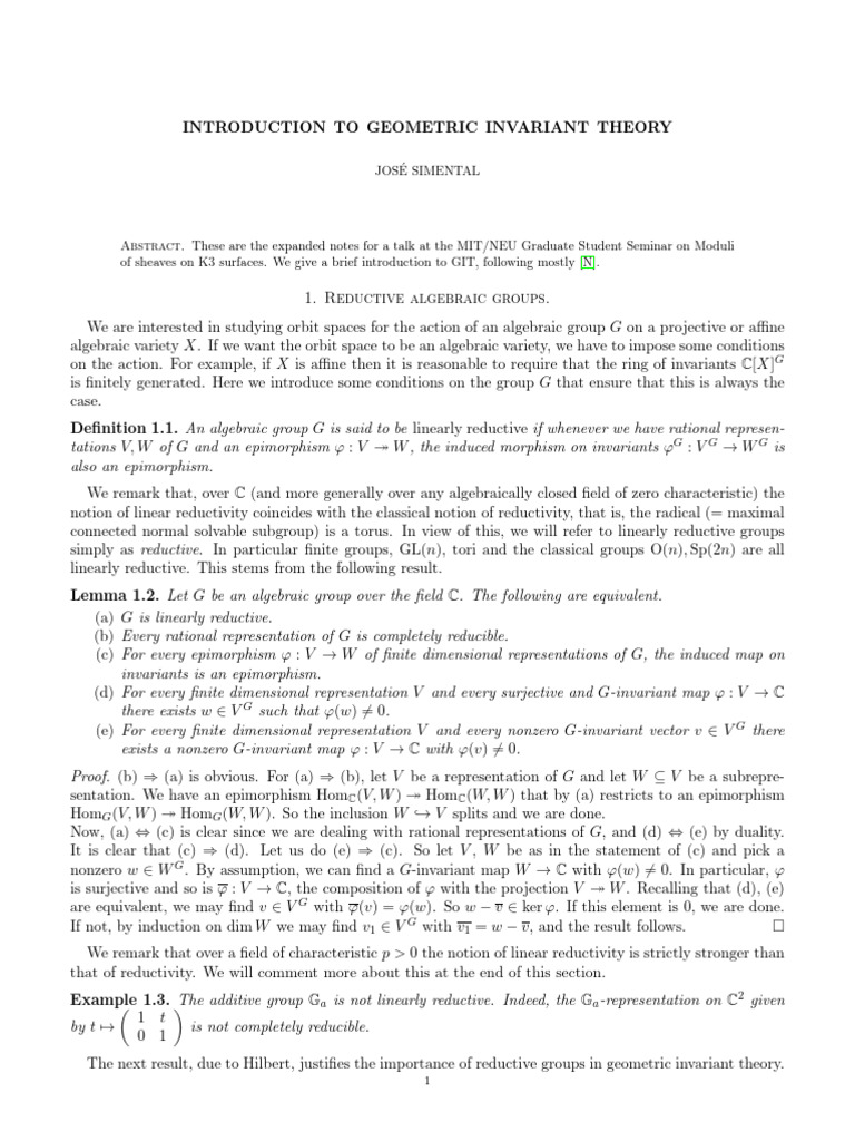 Simentel - INTRODUCTION TO GEOMETRIC INVARIANT THEORY | PDF | Group ...