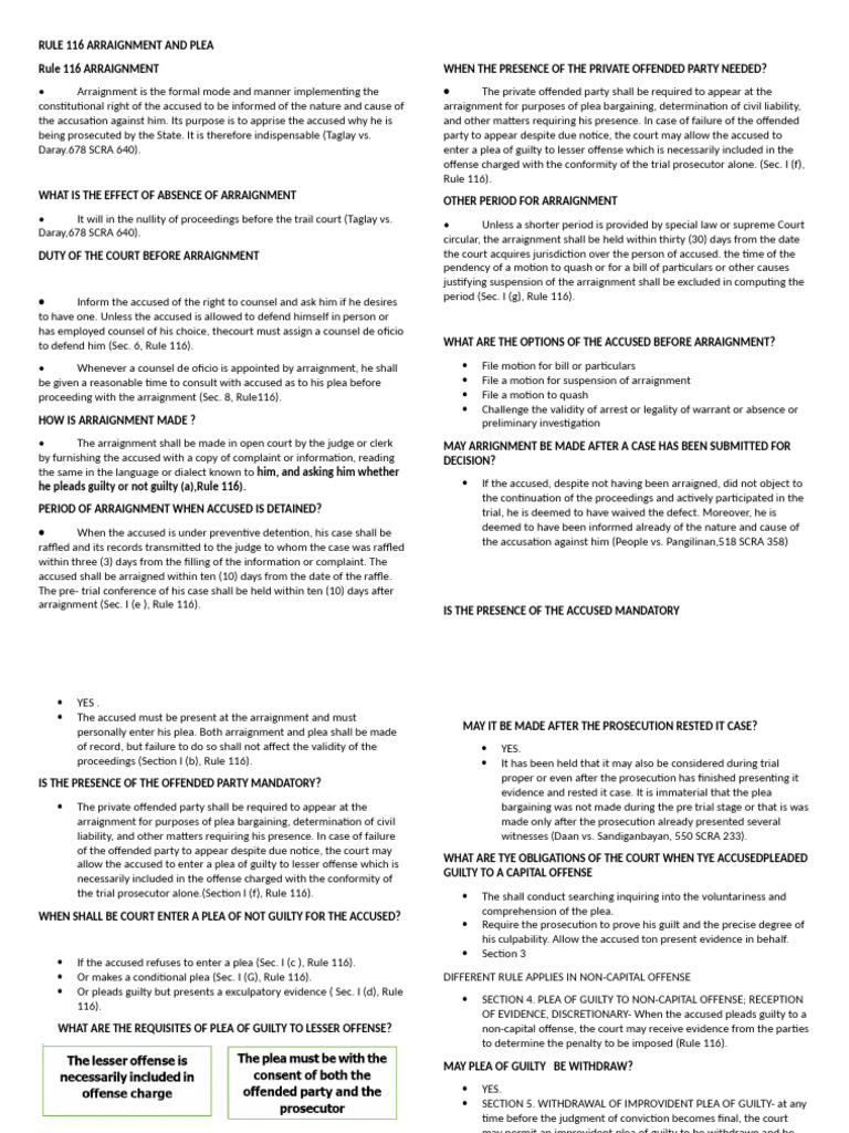 Rule 116 Arraignment and Plea | PDF | Plea | Arraignment