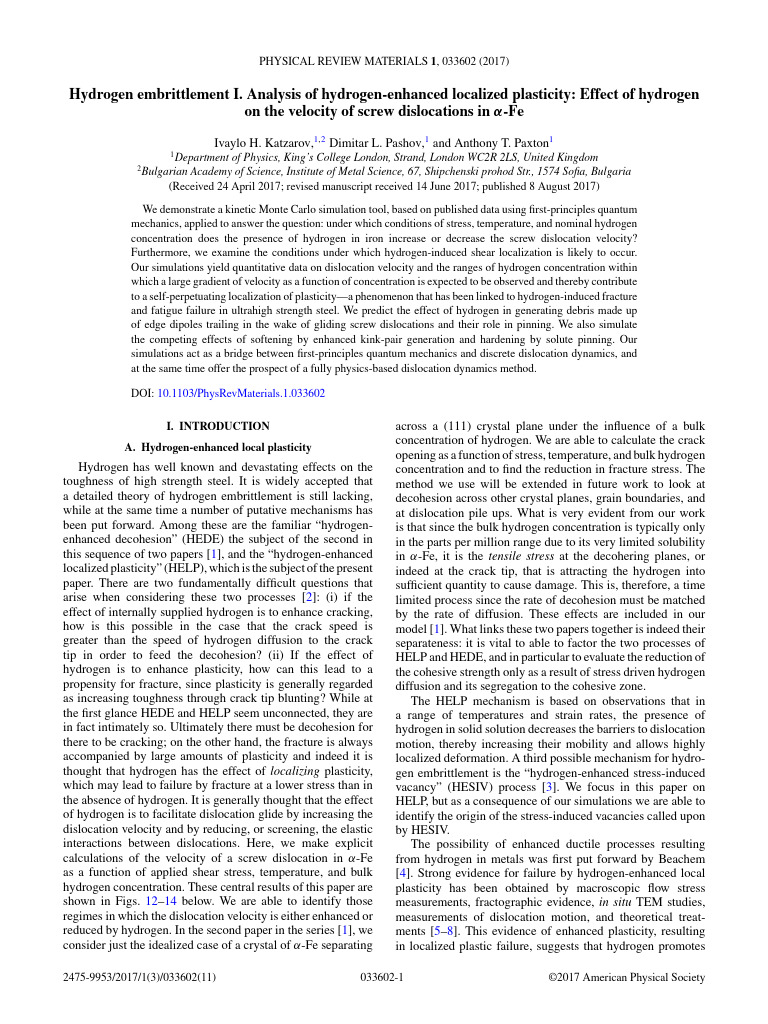 Hydrogen Embrittlement I. Analysis of Hydrogen-Enhanced Localized ...