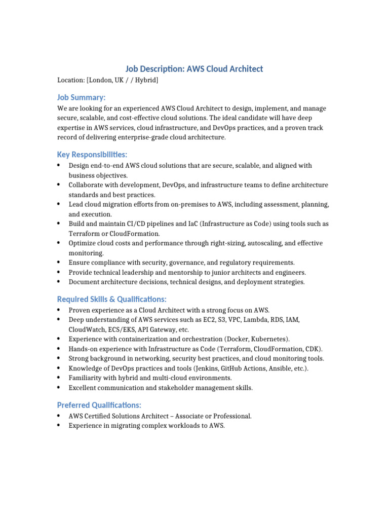 AWS Cloud Architect JD | PDF
