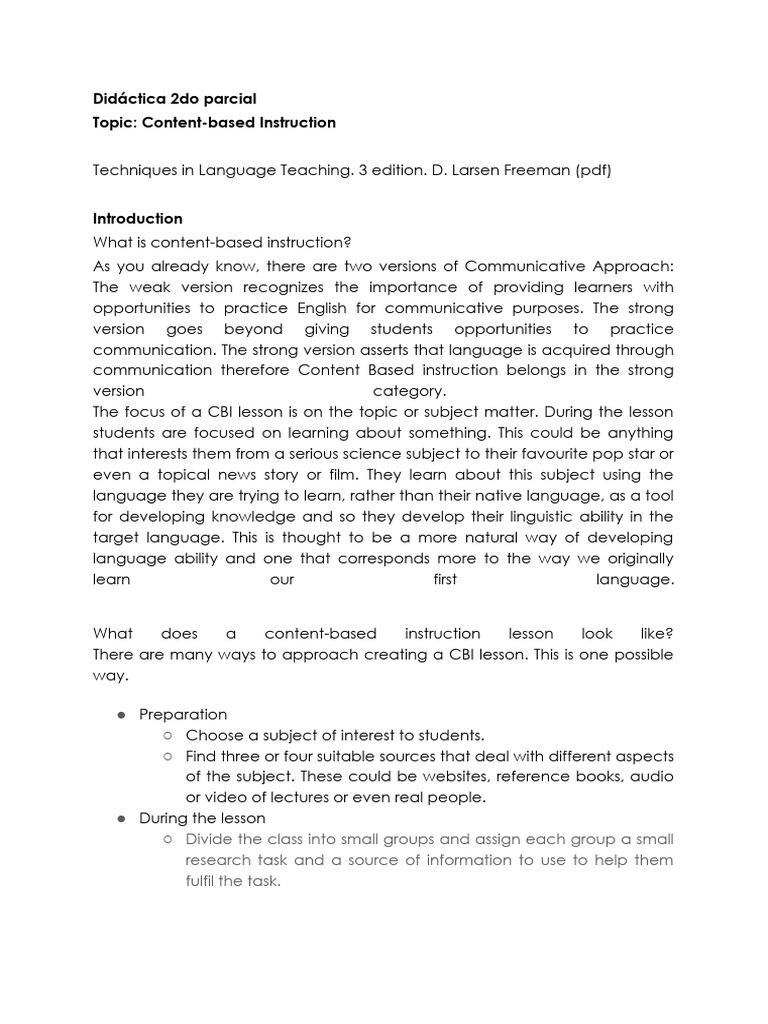 Content-Based Instruction in Language Teaching | PDF | Learning | Teachers
