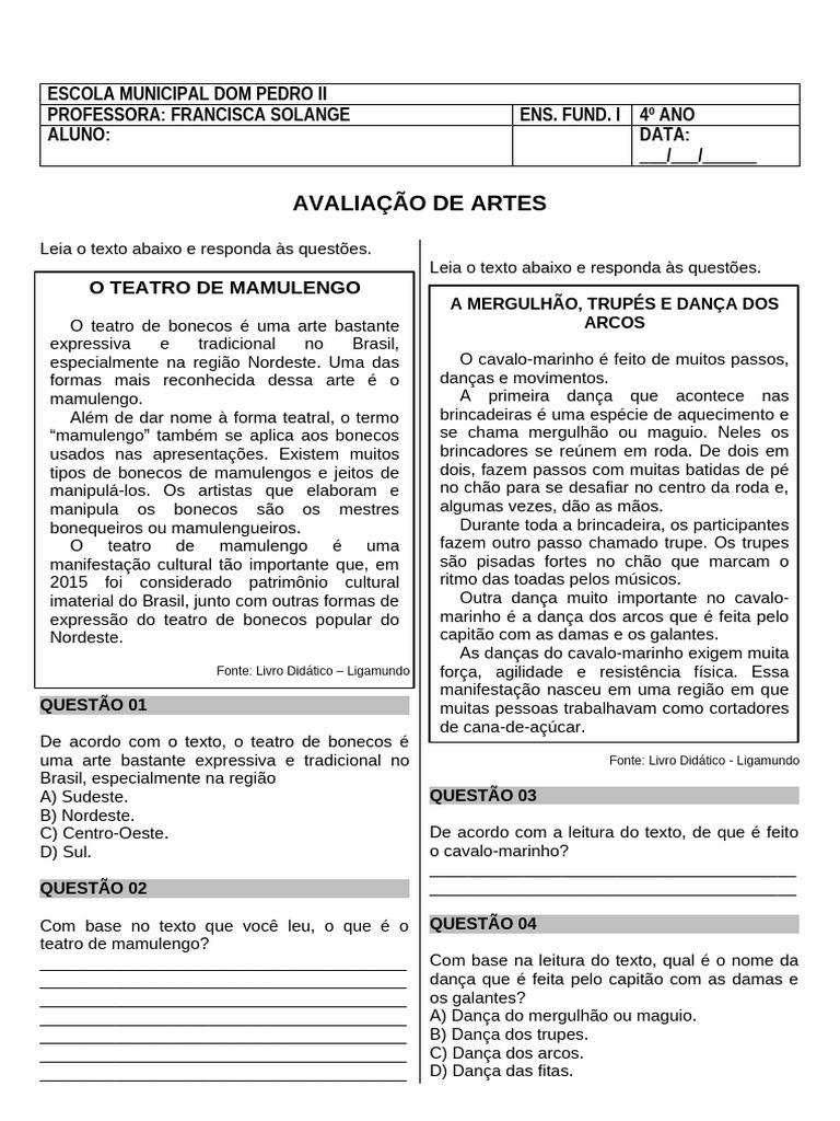 Avaliação de Artes para 4º Ano | PDF | Danças | Teatro