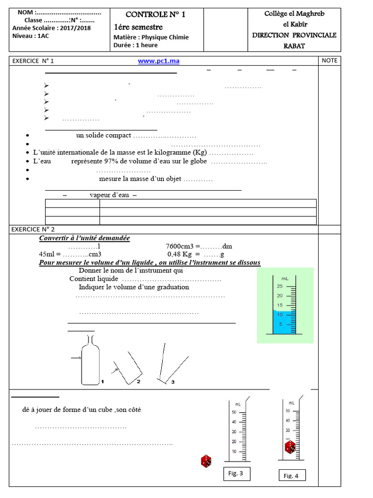 Contrôle de Physique-Chimie 1AC | PDF | Gaz | Eau