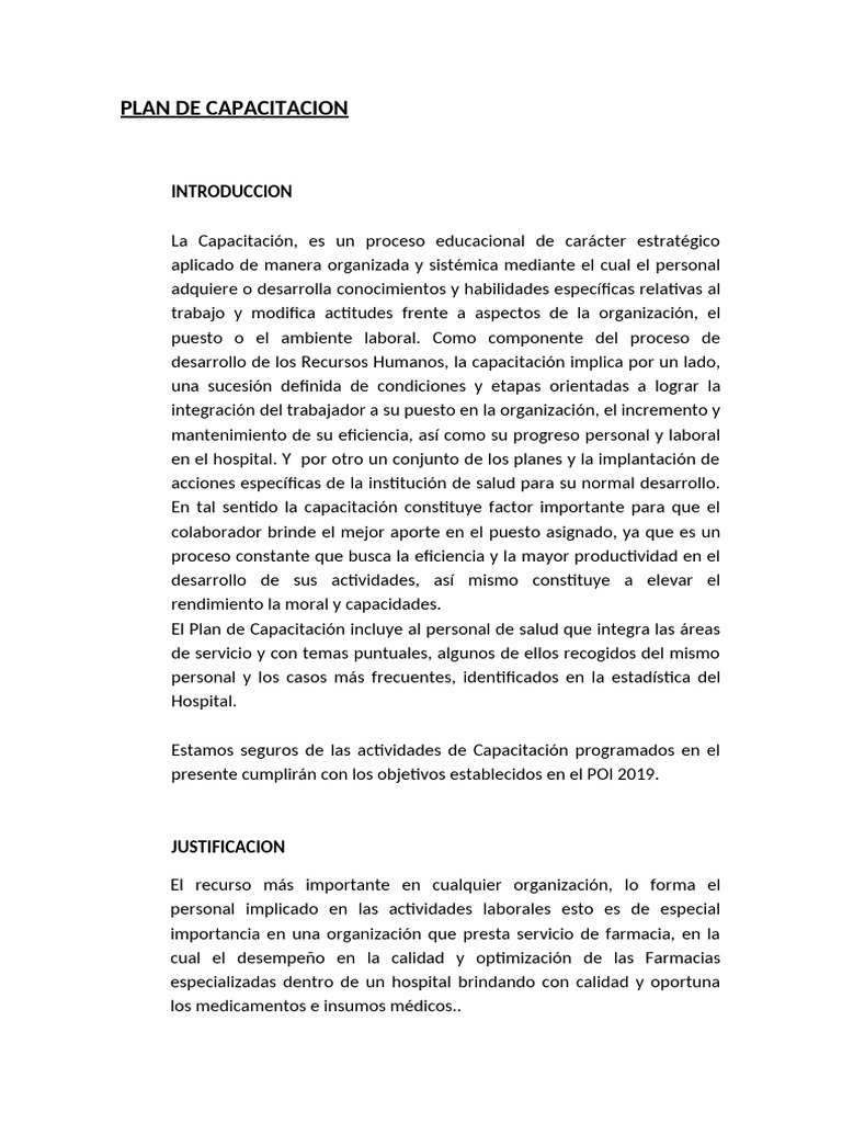 Plan de Capacitación para Farmacia Hospitalaria | PDF | Farmacia | Hospital