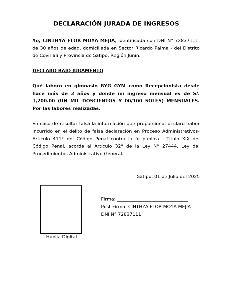 Declaración Jurada de Ingresos Mensuales | PDF