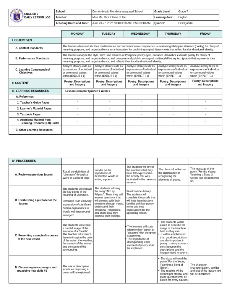 Grade 7 English Poetry Lesson Plan | PDF | Poetry | Liberal Arts Education