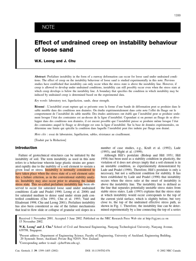 Undrained Creep and Loose Sand Instability | PDF | Creep (Deformation ...