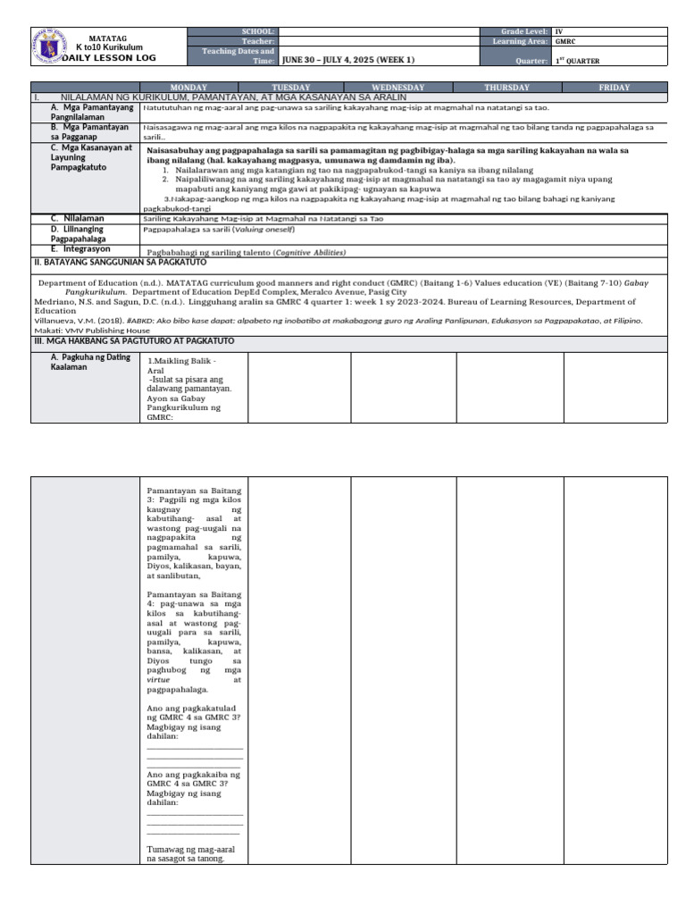 DLL - GMRC 4 - Q1 - W1 | PDF