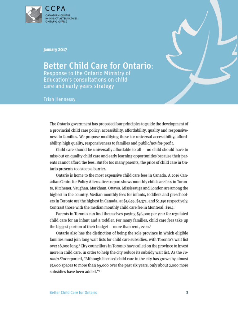 CCPA Recommendations for Ontario Child Care | PDF | Child Care | Preschool
