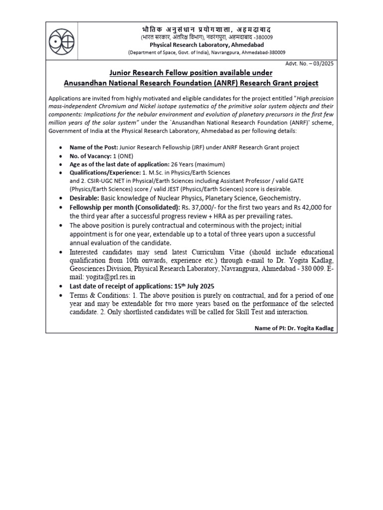 JRF Position at PRL under ANRF 2025 | PDF | Science | Physical Sciences