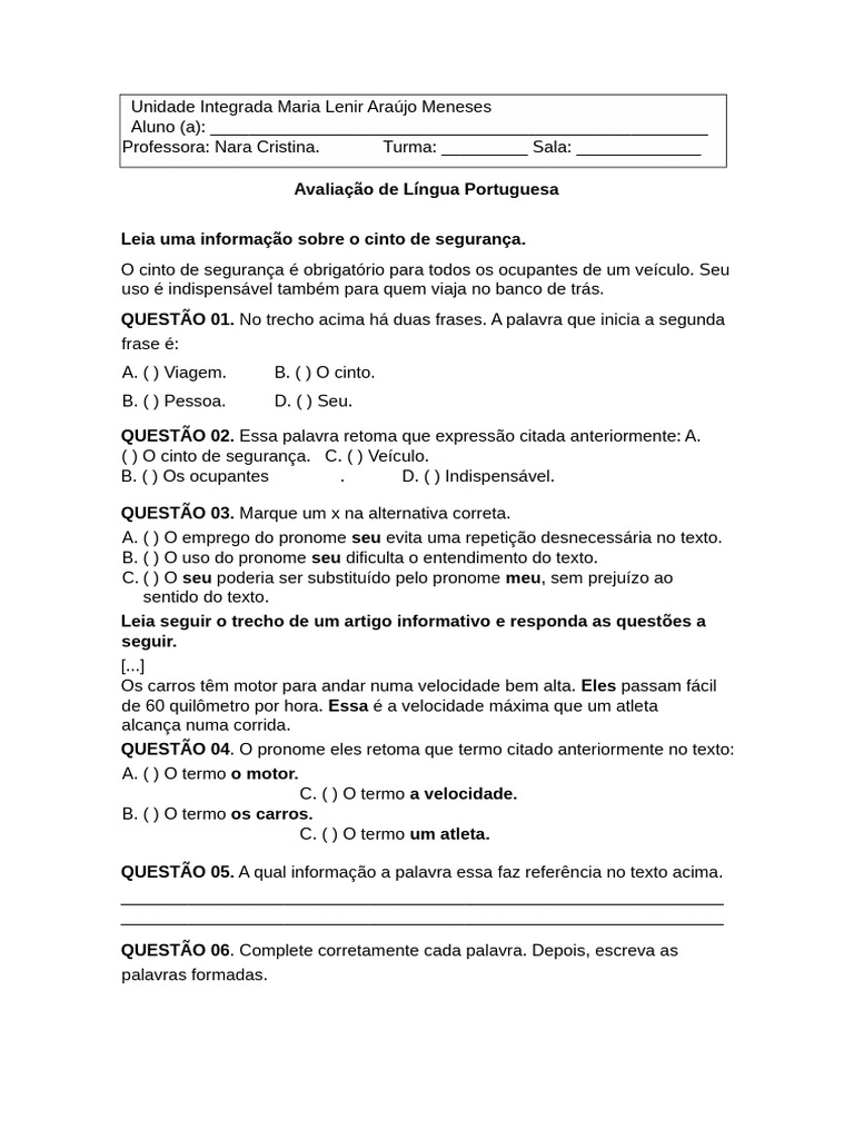 Avaliação de Língua Portuguesa para Alunos | PDF | Pronome | Palavra