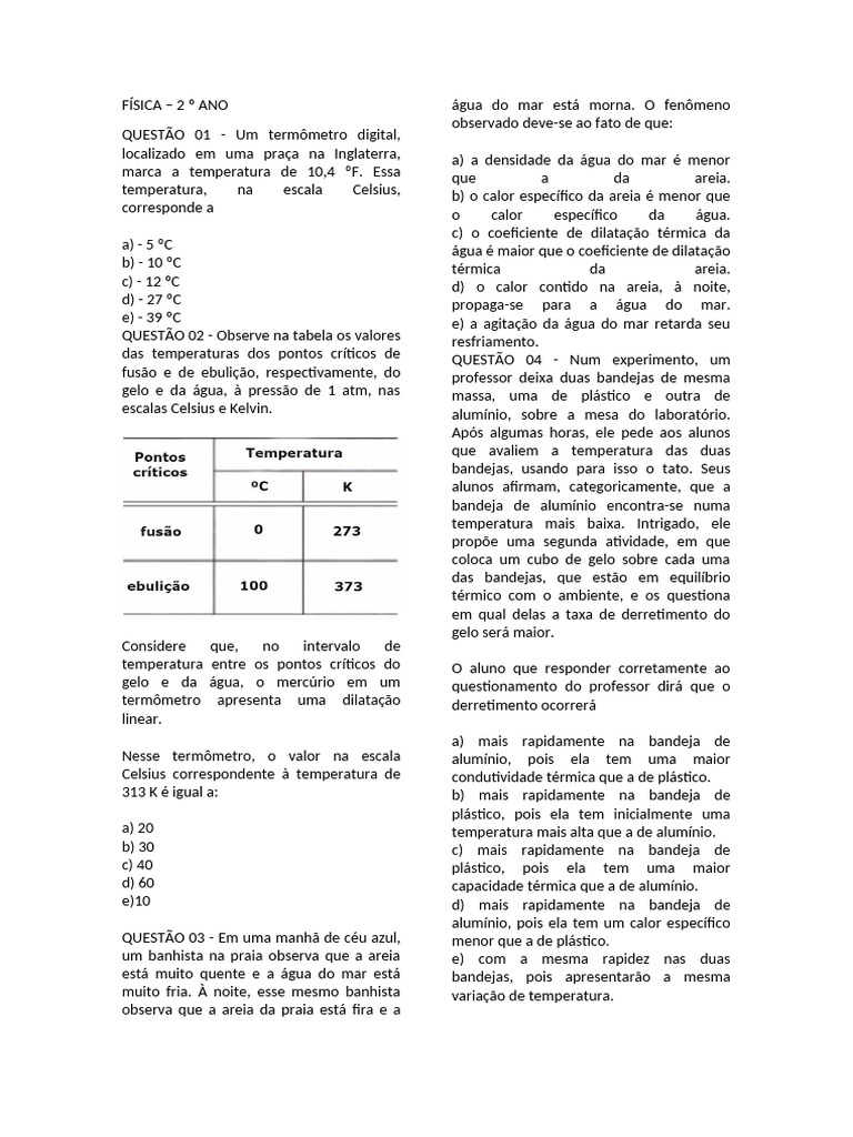 Questões de Física sobre Calor e Temperatura | PDF | Calor | Temperatura