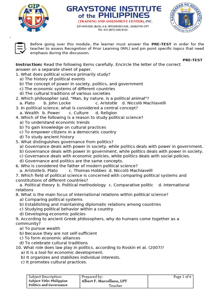 Grade 11 Philippine Politics Module 1 | PDF | Science | Governance