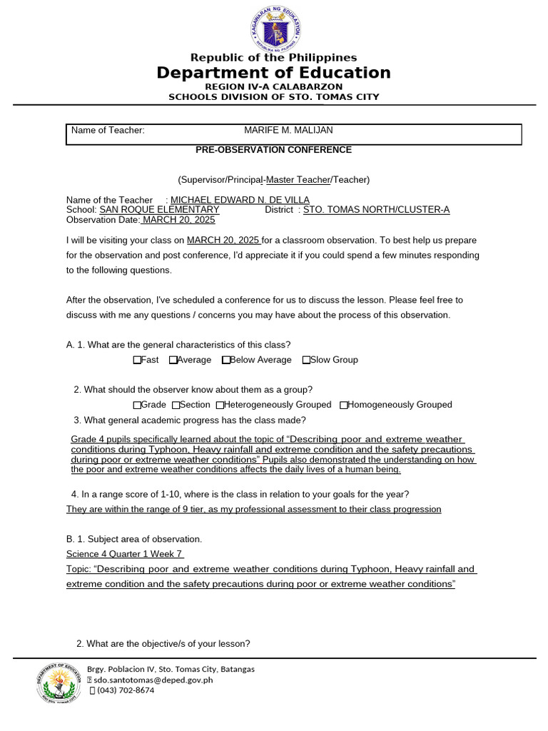 Pre-Observation Tool Format | PDF | Teachers | Cognition