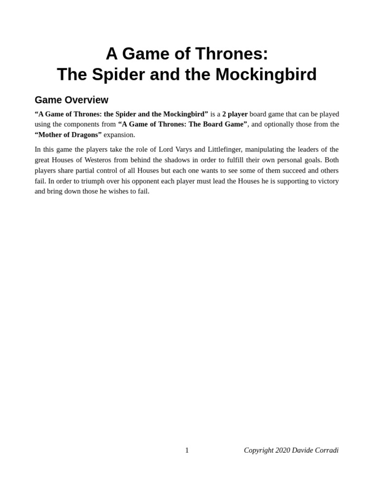 A Game of Thrones: Spider & Mockingbird Guide | PDF | World Of A Song ...