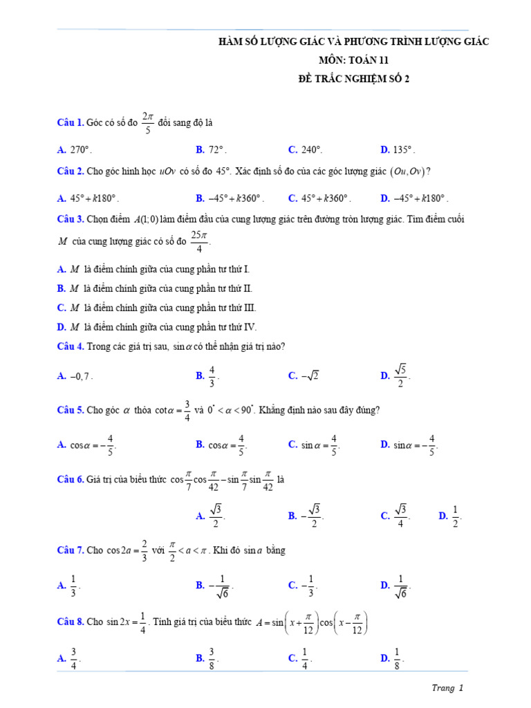 Đề trắc nghiệm ôn tập chương HSLG và PTLG - đề số 2 | PDF
