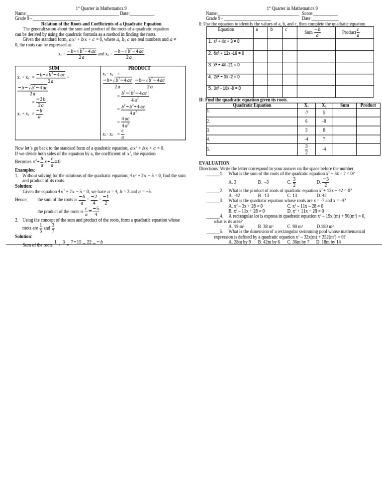 Quadratic Roots and Coefficients Guide | PDF | Quadratic Equation ...