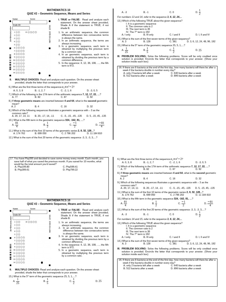 Geometric Series Quiz for Mathematics 10 | PDF | Arithmetic | Ratio