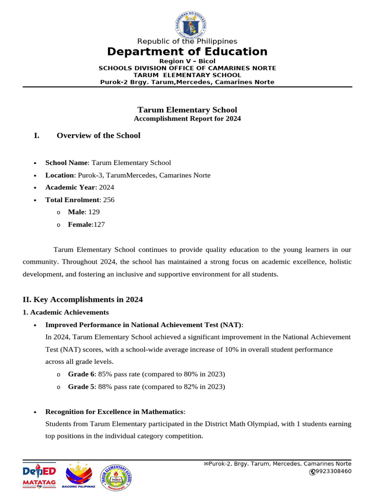 Tarum Elementary School 2024 Report | PDF | Schools | Science ...