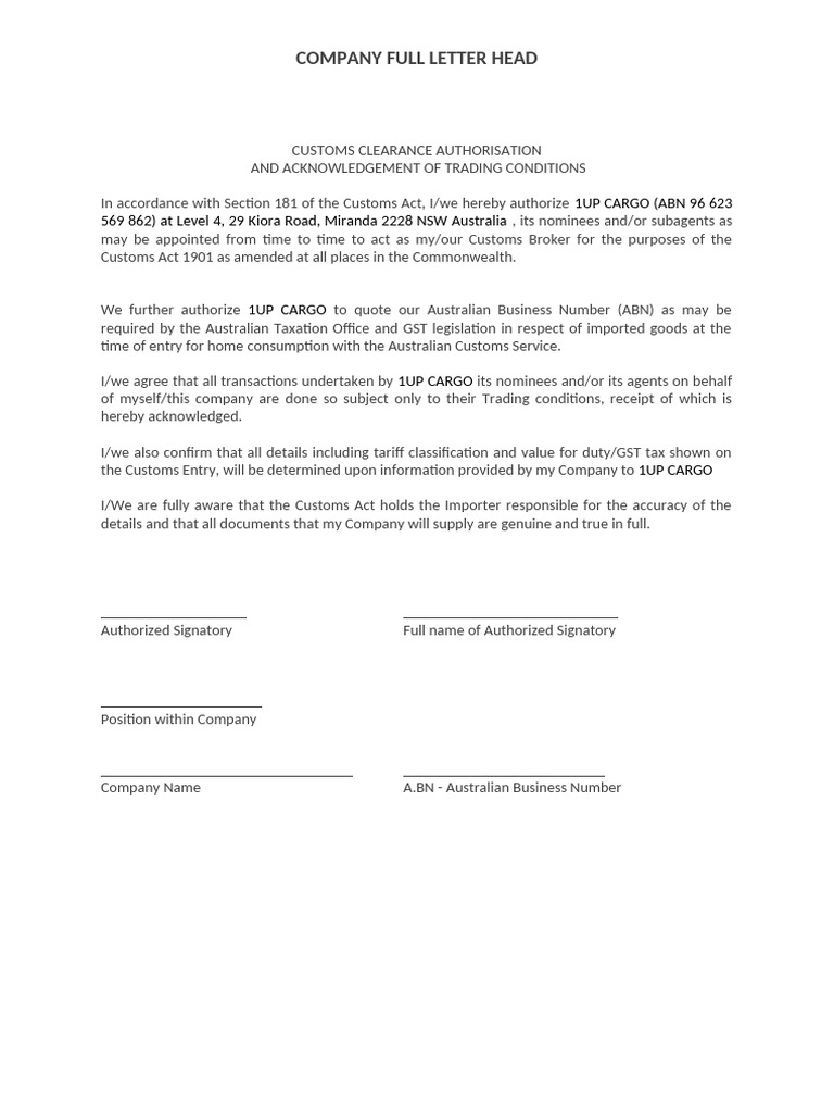 Customs Clearance Authorization Letter | PDF
