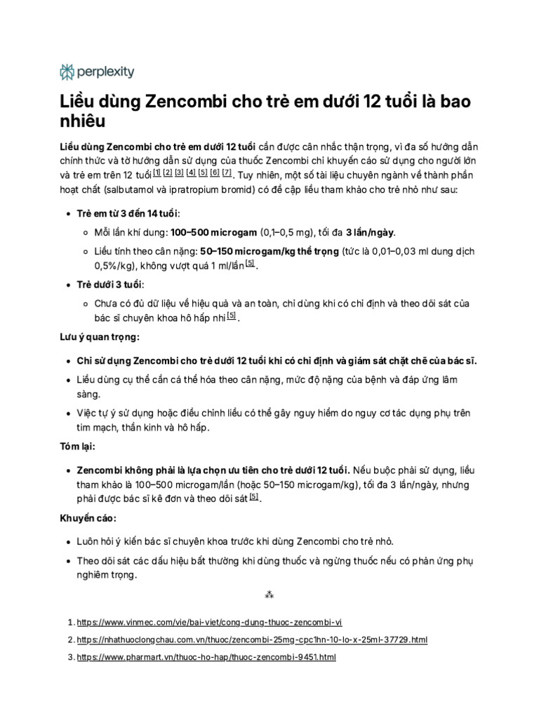 Liều dùng Zencombi cho trẻ em dưới 12 tuổi là bao nhiêu | PDF