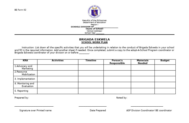 Brigada Eskwela School Work Plan Template | PDF
