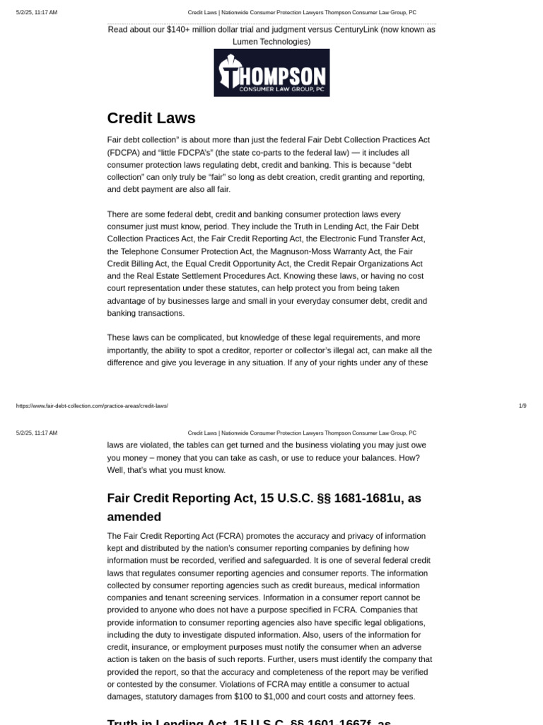 Essential Consumer Credit Laws Guide | PDF | Truth In Lending Act ...