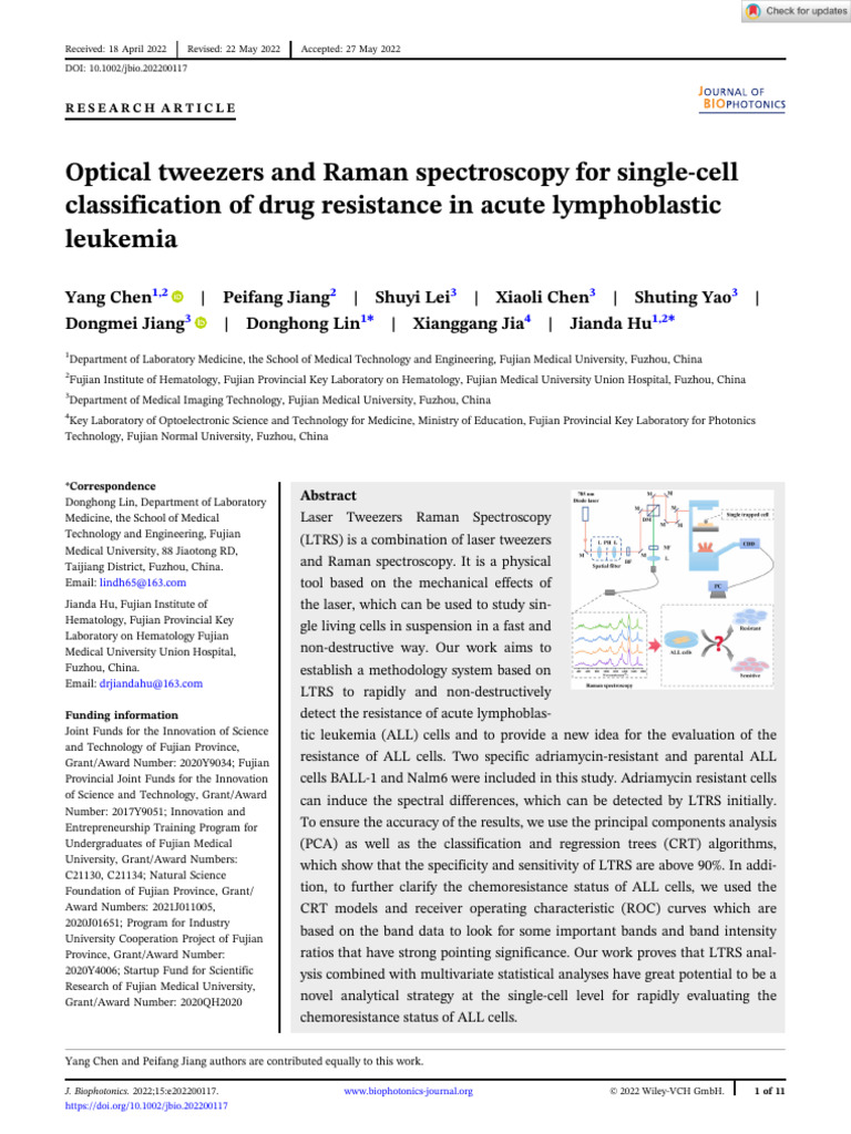 Optical Tweezers and Raman Spectroscopy For Single | PDF | Leukemia ...