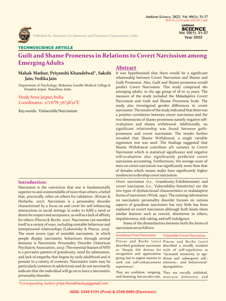 Guilt and Shame Proneness in Relations T | PDF | Shame | Narcissism