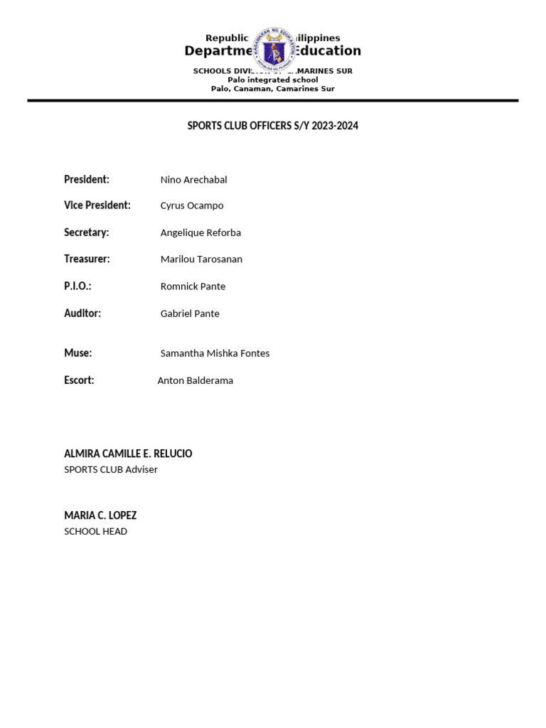 Sports Club Officers 2023-2024 | PDF