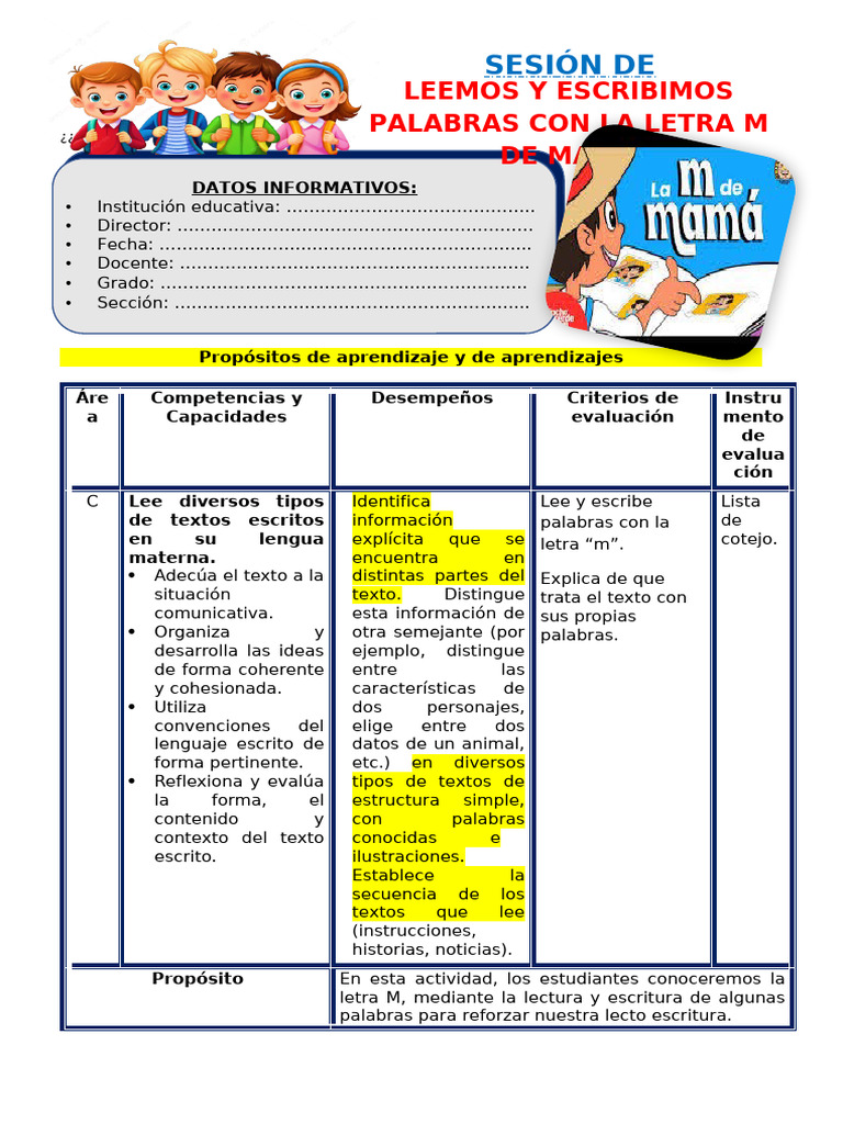 1° Sesión Día 3 Com Leemos y Escribimos Palabras Con La Letra M de Mamá ...