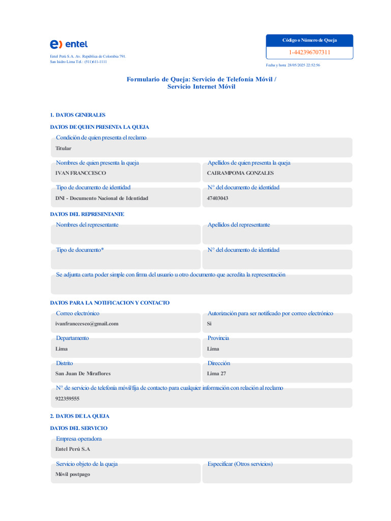 Reclamo de Servicio Móvil Entel Perú | PDF | Industrias de servicio ...